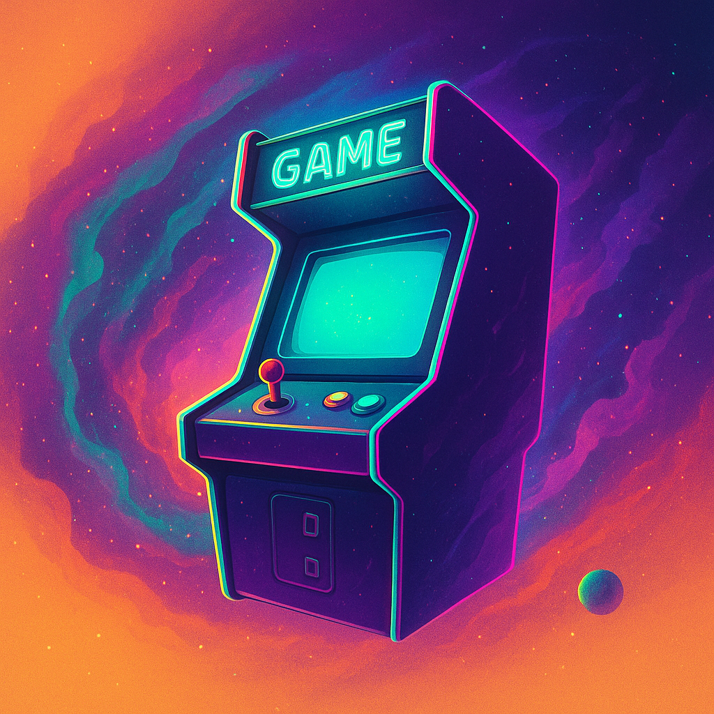 NebulaPlay hero: stylized arcade with neon planets
