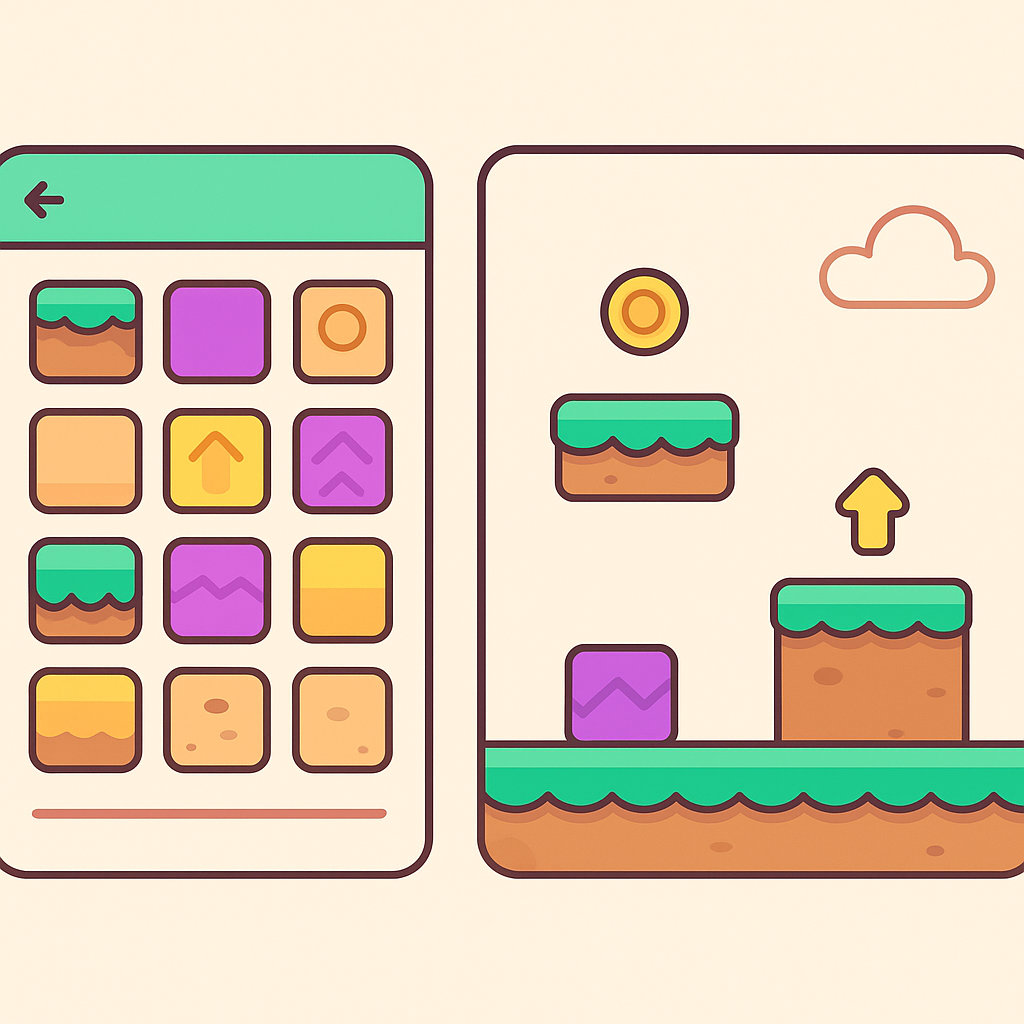 editor UI mock: tile-based level editor, palette and preview
